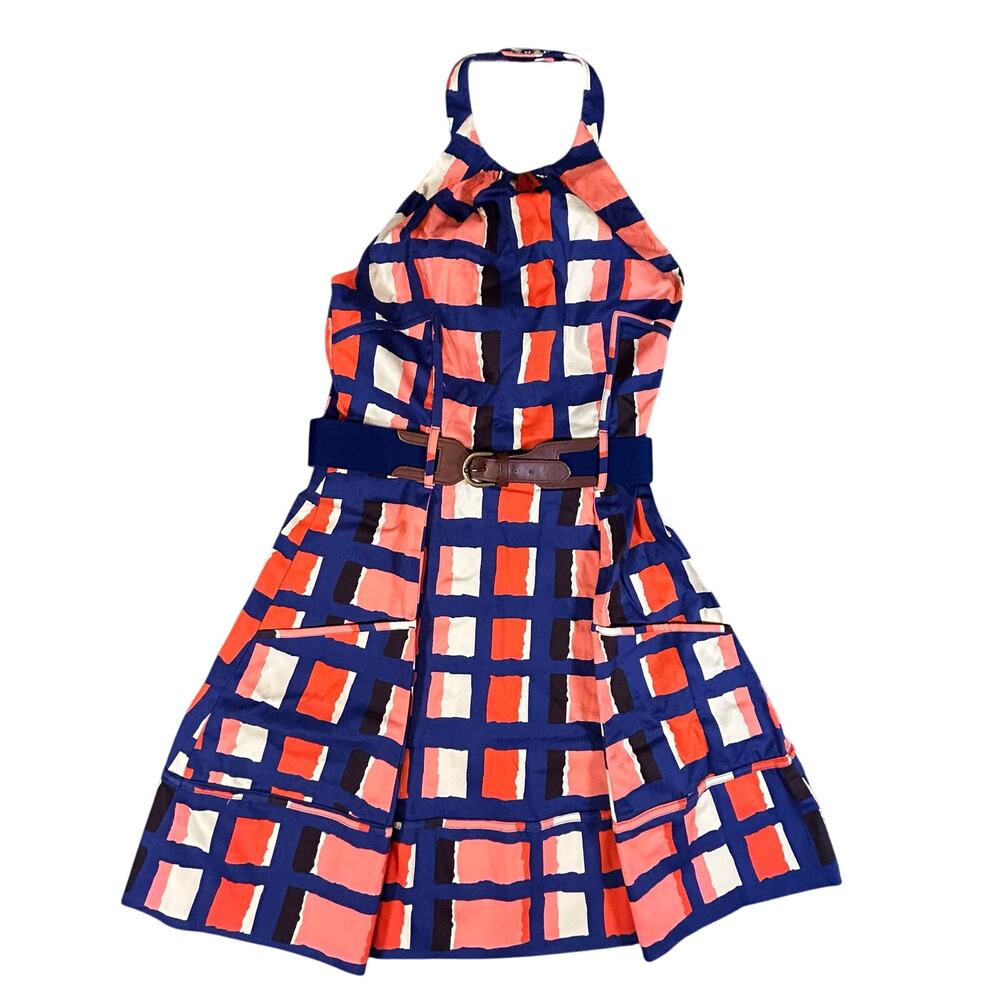 Jessica Simpson Multi Color Belted Stretch Cotton Halter Dress‎ Size 6